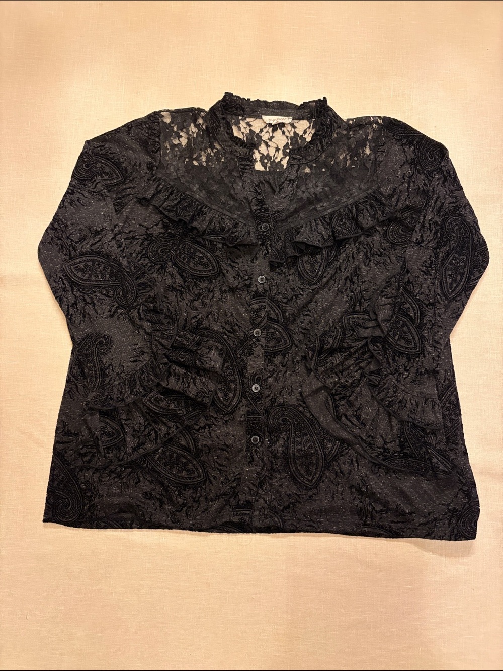 Mystree Black Lace Yoke Ruffled Button-Front Blouse